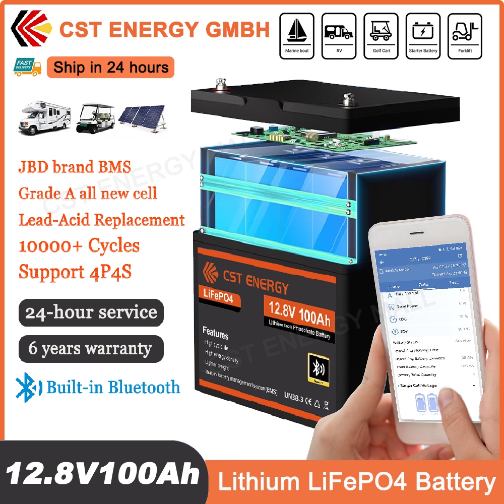แบตเตอรี่ Lifepo4 12V 100Ah Bluetooth Lithium Battery with 100A BMS,​​ CST ENERGY โซล่าเซลล์ แบตเตอร