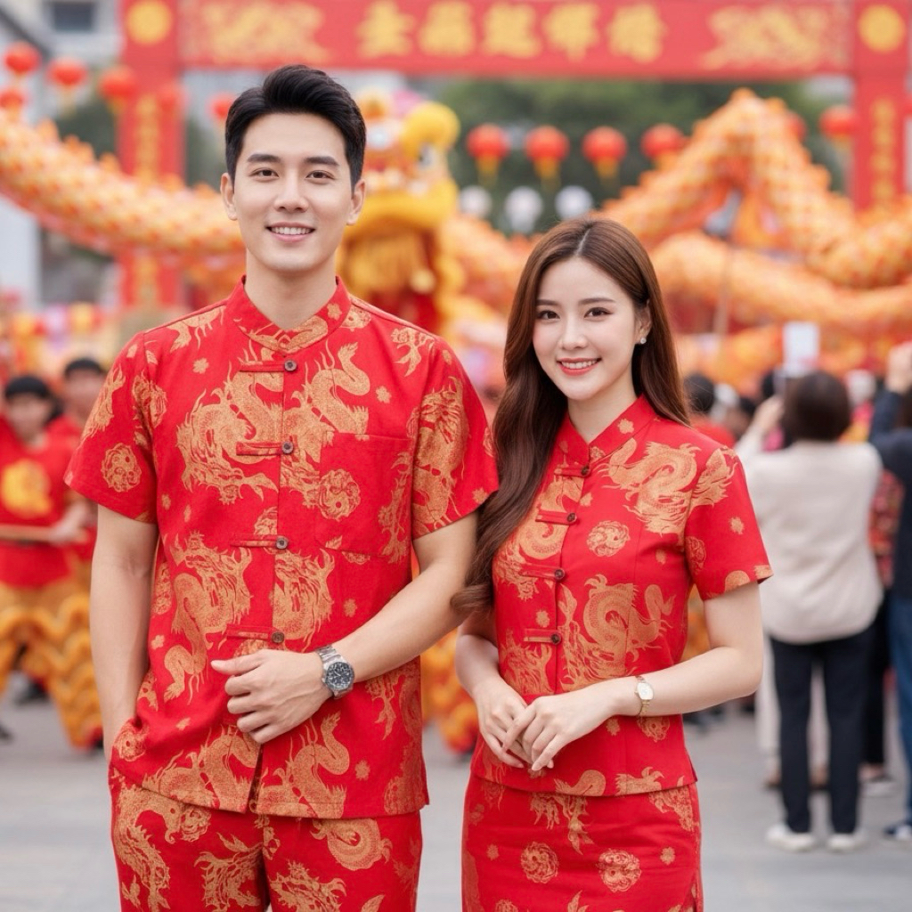 เสื้อพื้นเมืองคอจีน คู่ ชาย/หญิง ลายมังกร ตรุษจีน