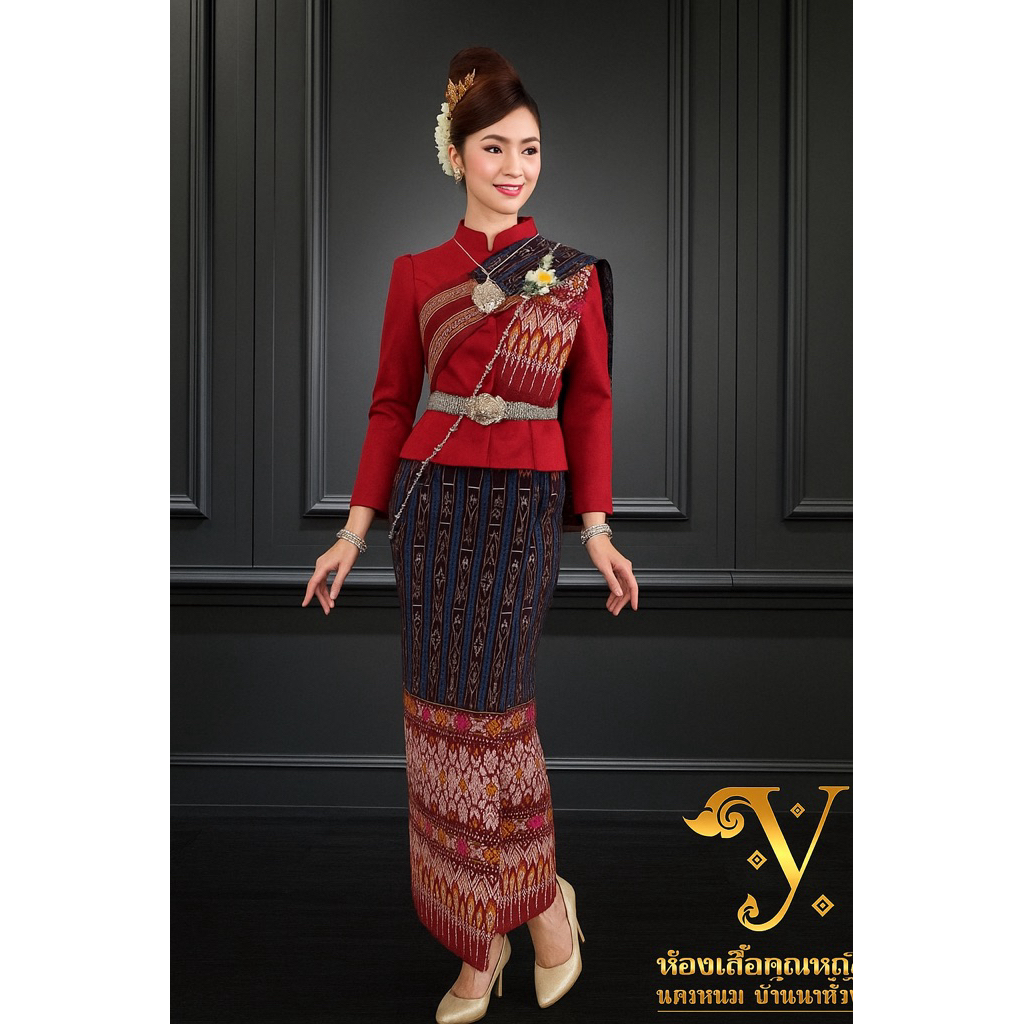 ชุดไทยจิตรลดาเสื้อไหมหม่อน+สใบ+ผ้าถุงพิมพ์ลายมัดหมี่ลายขอตัดฟรีไชร์ป้ายตะขอมีไชร์อก32ถึงอก50