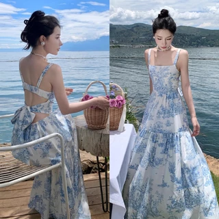 ชุดเดรสยาวผู้หญิง ฟ้า ไปทะเล แขนกุด ยาวน่ารักๆ สไตล์เกาหลี ทรงเอ รูปแบบดอกไม้ ใส่ไปทะเล