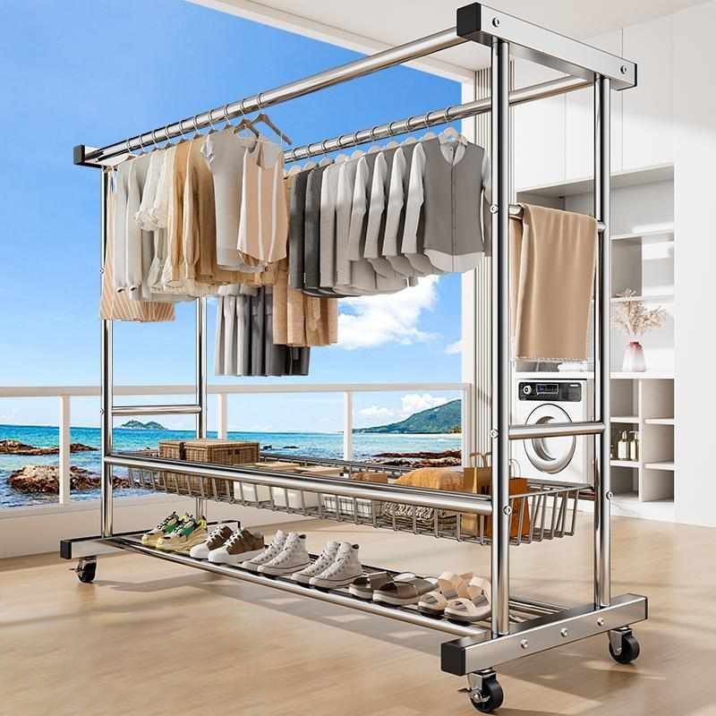 ราวตากผ้า ท่อเหล็กอาบสังกะสี มีตะกร้า สูง 158 ซม.ราวแขวนผ้าบาร์คู่ 4ล้อ รับน้ำหนักได้ 300kg กันน้ำและกันสนิม