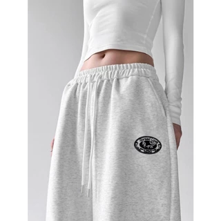 [Trendy font print, sports casual wide-leg pants]กางเกงกีฬาสีขาวพิมพ์ลายเทรนด์สำหรับผู้หญิง กางเกงขากว้างลำลอง