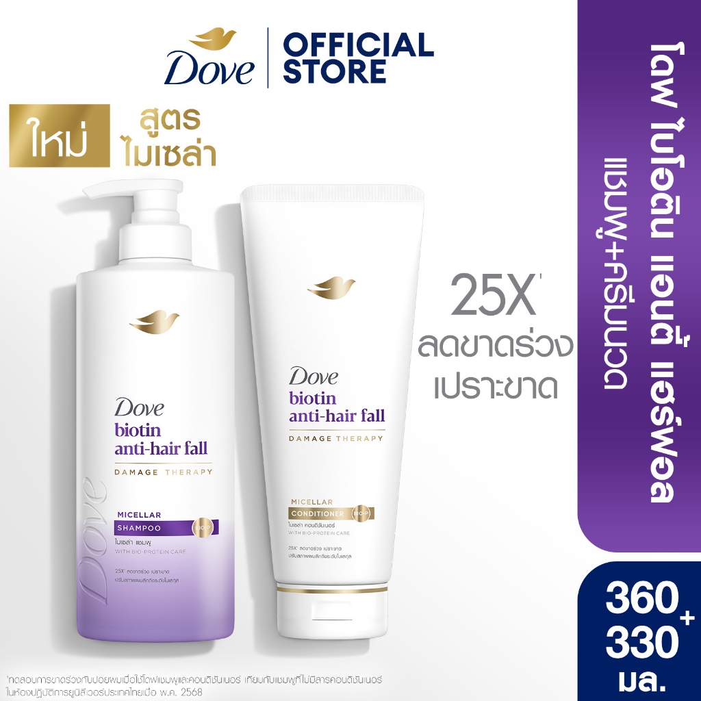 โดฟ แชมพู ไมเซล่า 360 มล. + ครีมนวด 330 มล. (เลือกสูตรด้านใน) Dove Shampoo 360 ml. + Conditioner 330 ml.