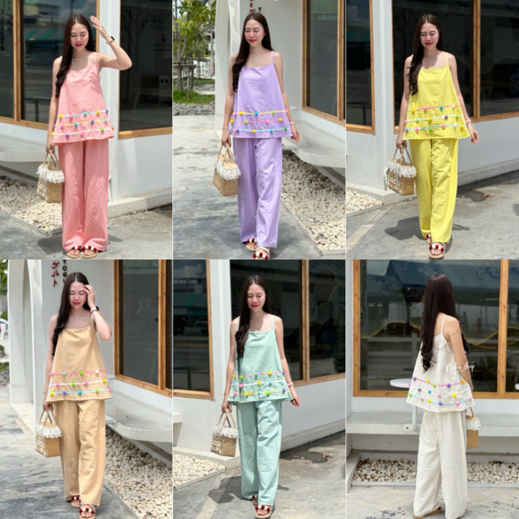 ชุดเซตผ้าฝ้ายสายเดี่ยวขายาว