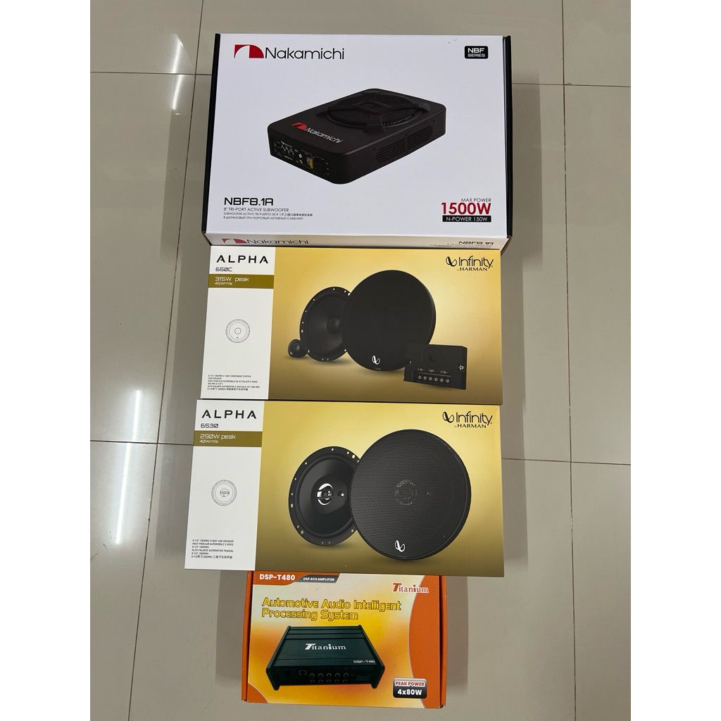 ชุดละ 9695บาท DSP 80x4Ch 1ตัว 8“ Subbox NAKAMICHI 1ตัว 6.5”แยกชิ้น infinity 1ชุด 6.5“แกนร่วม infinit