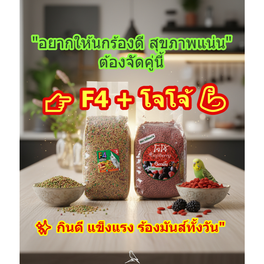 อาหารผลไม้รวม F4 + อาหารโจโจ้สูตรเลี้ยง สุดยอดคู่หูสุขภาพของนก "อาหารครบคุณค่า เสริมพลัง เสียงใส แข็งแรง"