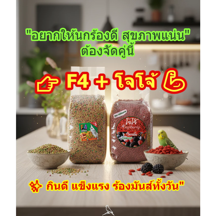 อาหารผลไม้รวม F4 + อาหารโจโจ้สูตรเลี้ยง สุดยอดคู่หูสุขภาพของนก "อาหารครบคุณค่า เสริมพลัง เสียงใส แข็งแรง"