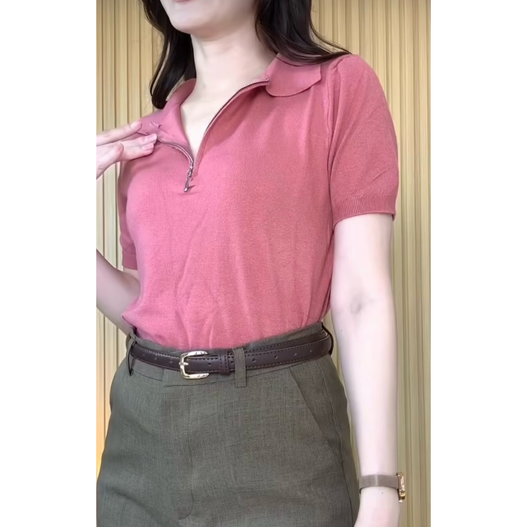 baiyok closet เสื้อไหมพรมคอปกซิป สีชมพูกลีบบัว