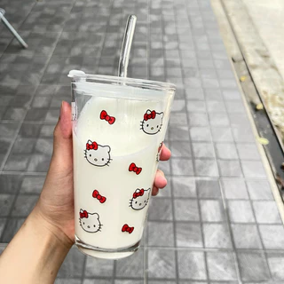 แก้วน้ำ [ฝา+หลอดแก้ว] แก้วกระจก 450 ml หนามาก ใส่ได้ทั้งร้อนและเย็น ลายการ์ตูน น่ารัก พร้อมส่ง