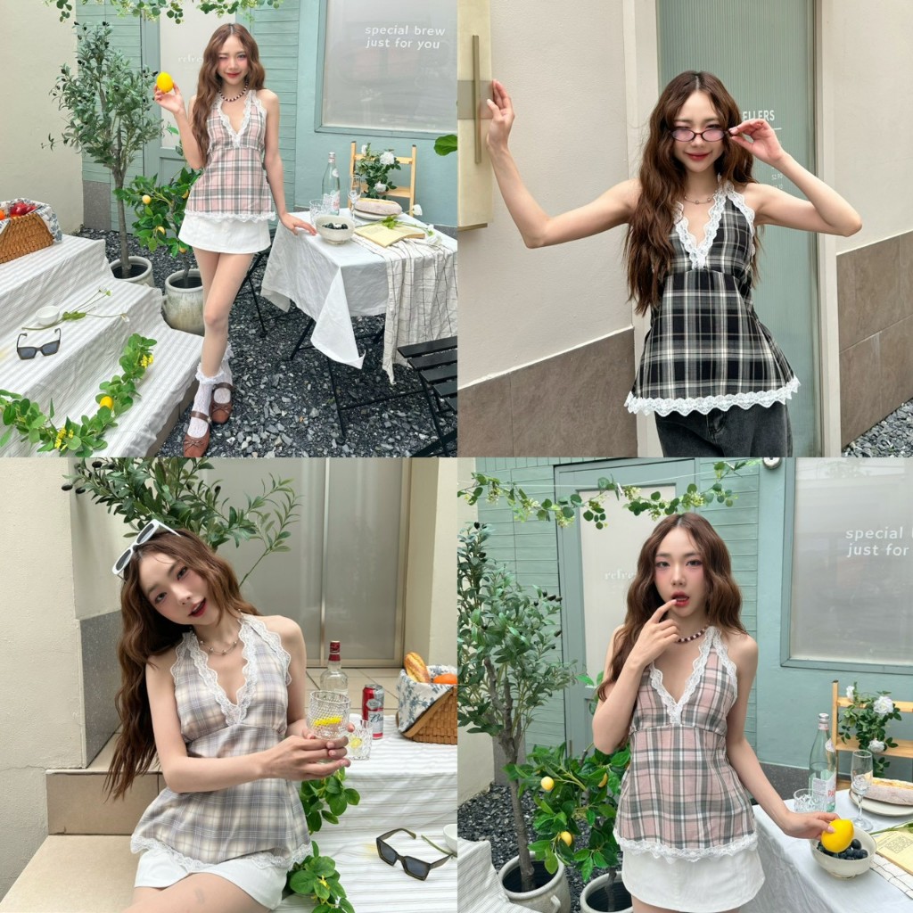 Biscuit top :เสื้อคล้องคอผูกโบว์ แต่งตีเกล็ดหน้าลูกไม้ สม็อคหลัง KN.Clothes