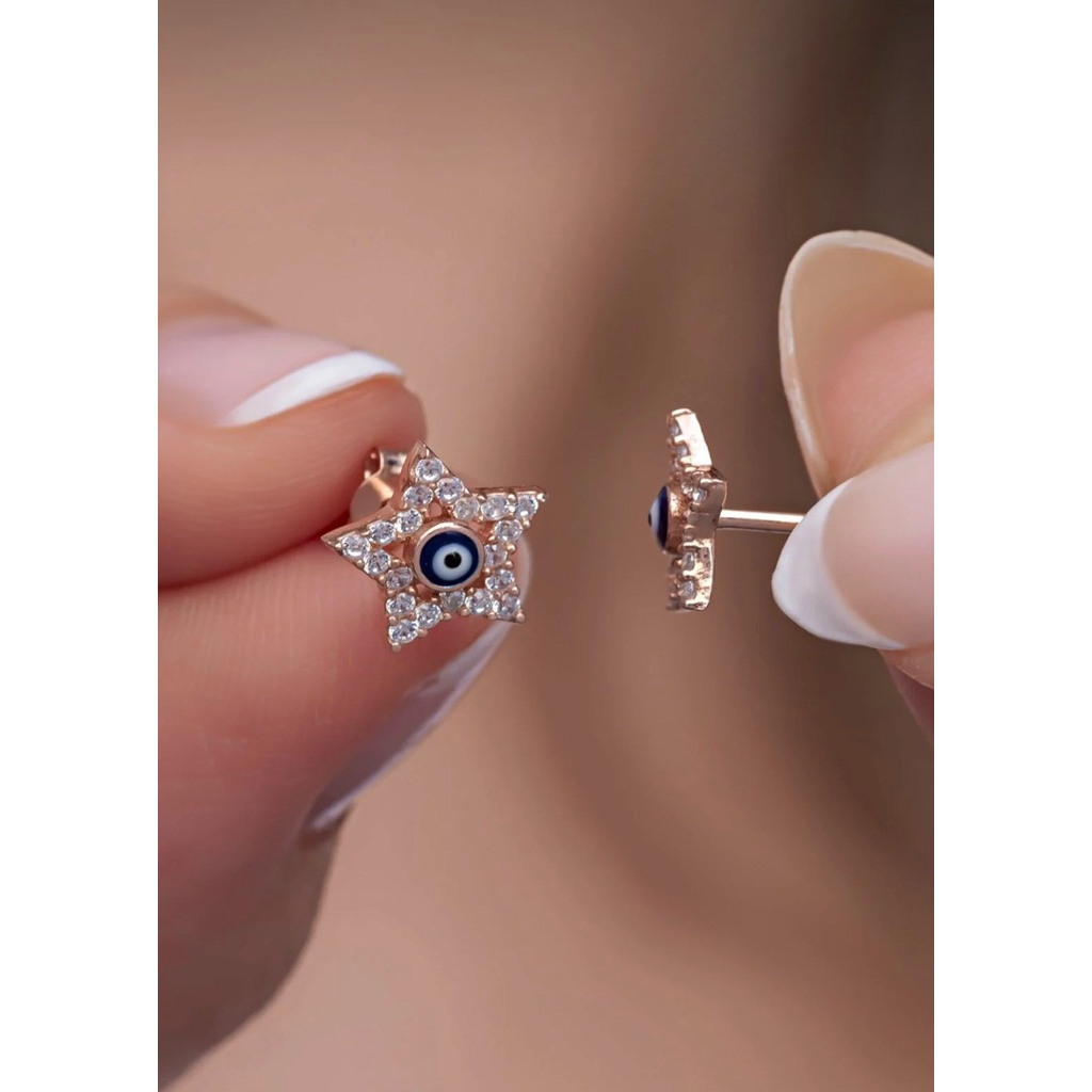 NEREZE  925 Sterling Silver Blue Enamel Tiny Evil Eye Star Earrings ต่างหู Evil Eye เงิน 925 จากตุรกี สี Rose gold