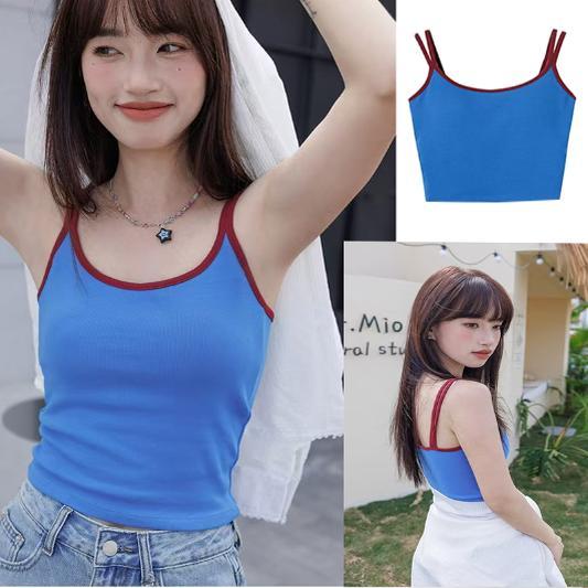 💙Korean style Fashionista💙 6670 เสื้อชั้นในสตรีสายเดี่ยวสีตัดกัน สไตล์เกาหลี ผ้าฝ้าย 90% สีน้ำเง