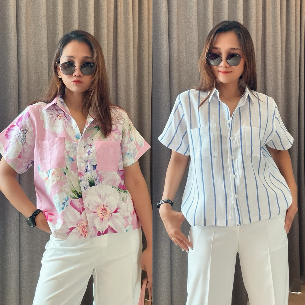 เสื้อเชิ๊ตลินินแขนสั้นลินินแท้แต่งกระเป๋าหน้า