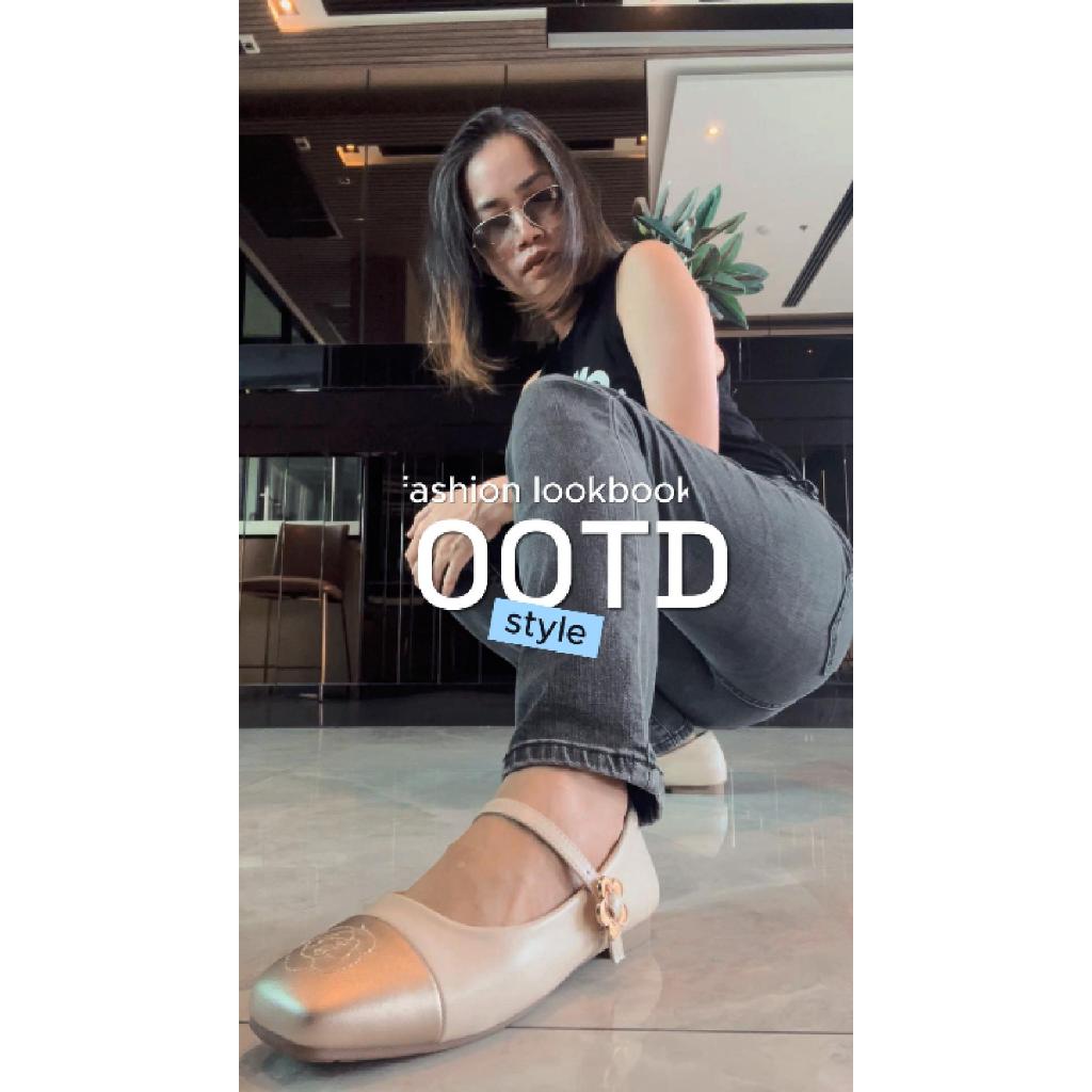 New!!! น่ารักไปกับรองเท้าแมรรี่เจน ประดับด้วยเข็มขัดดอกไม้สีทอง วัสดุเป็นพื้นยาง ไม่ลื่น Mary Janes