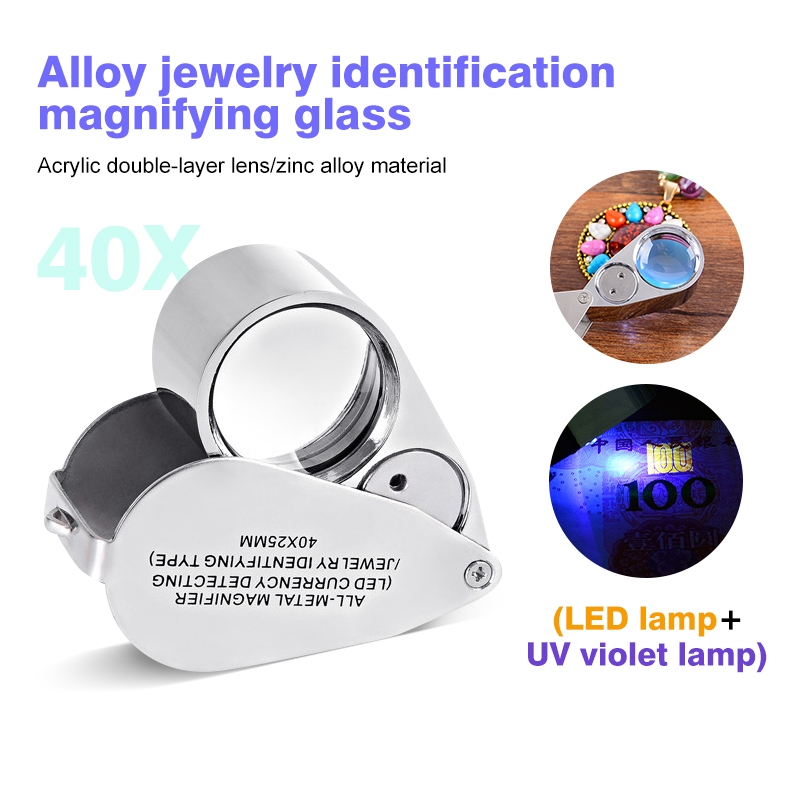 กล้องส่องพระ led แว่นส่องพระ ขยาย 40x เท่า 25mm พร้อมไฟ LED UV สำหรับการตรวจจับเงินประเภทเครื่องประดับระบุ