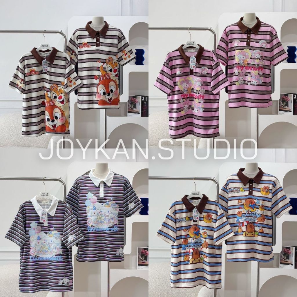 NEW!! เสื้อยืด Oversize แขนสั้น คอปก รวมลายน่ารัก ผ้าร่อง ริ้วลายทาง อก42" JUST A CHILL DAY
