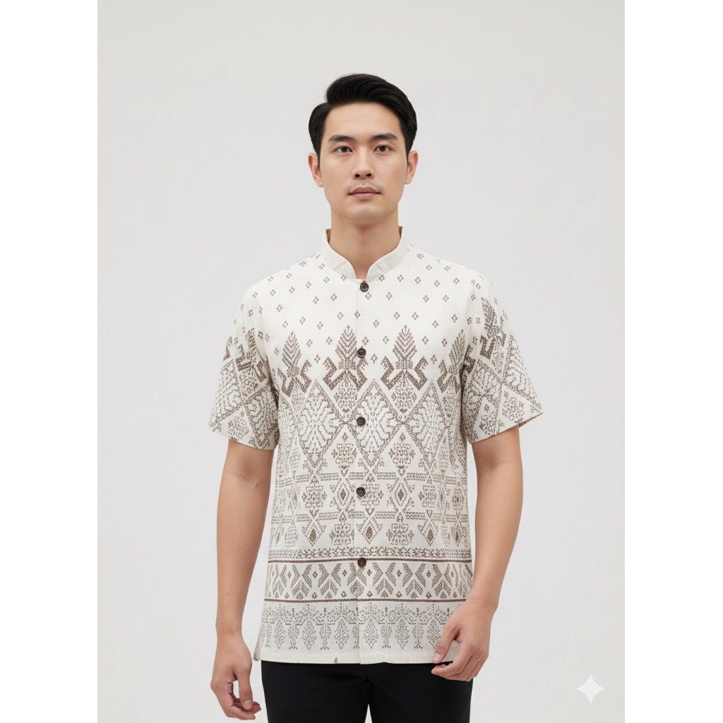 เสื้อผ้าฝ้ายพิมพ์ลายไทยสีขาว