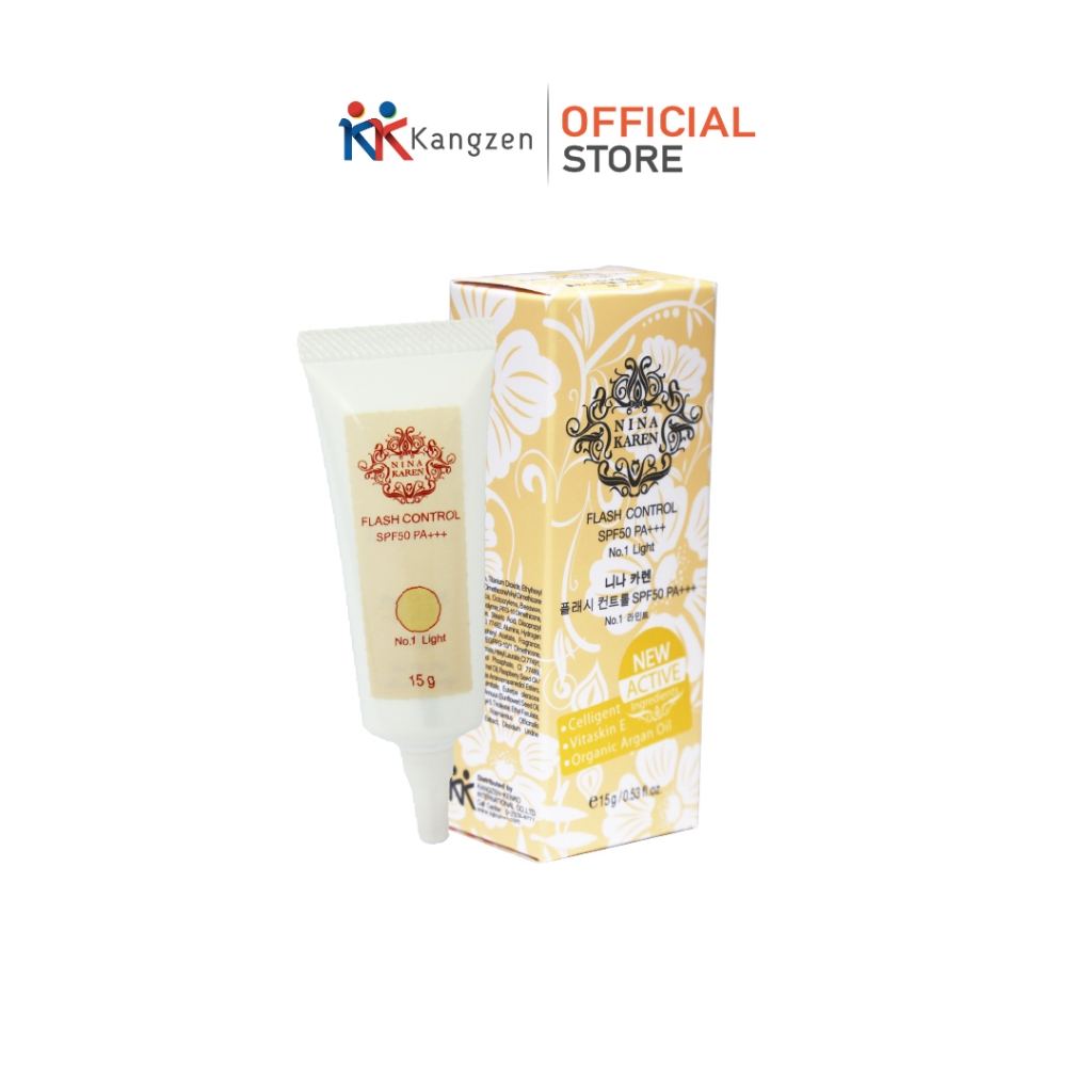ครีมรองพื้น Nina Karen flash control SPF50 PA+++ (No.1 light) 15 กรัม หน้าฉ่ำวาว ดุจสาวเกาหลี ไม่วอก