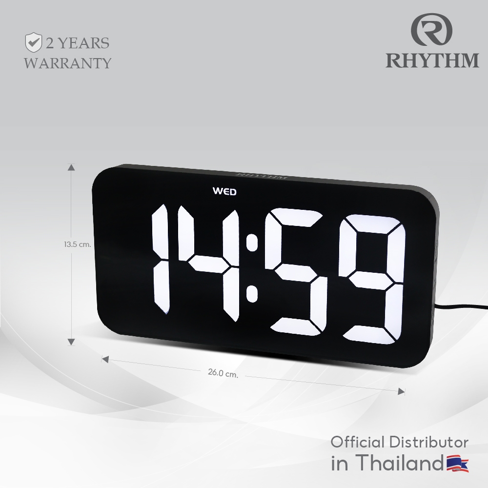 RHYTHM นาฬิกาแขวน-ตั้งโต๊ะ digital สีดำ เสียงบี๊บ 4 ระดับ ปรับความสว่าง ปฏิทิน 12/24 ชั่วโมง DC to USB 26 ซม.-LCW020NR02