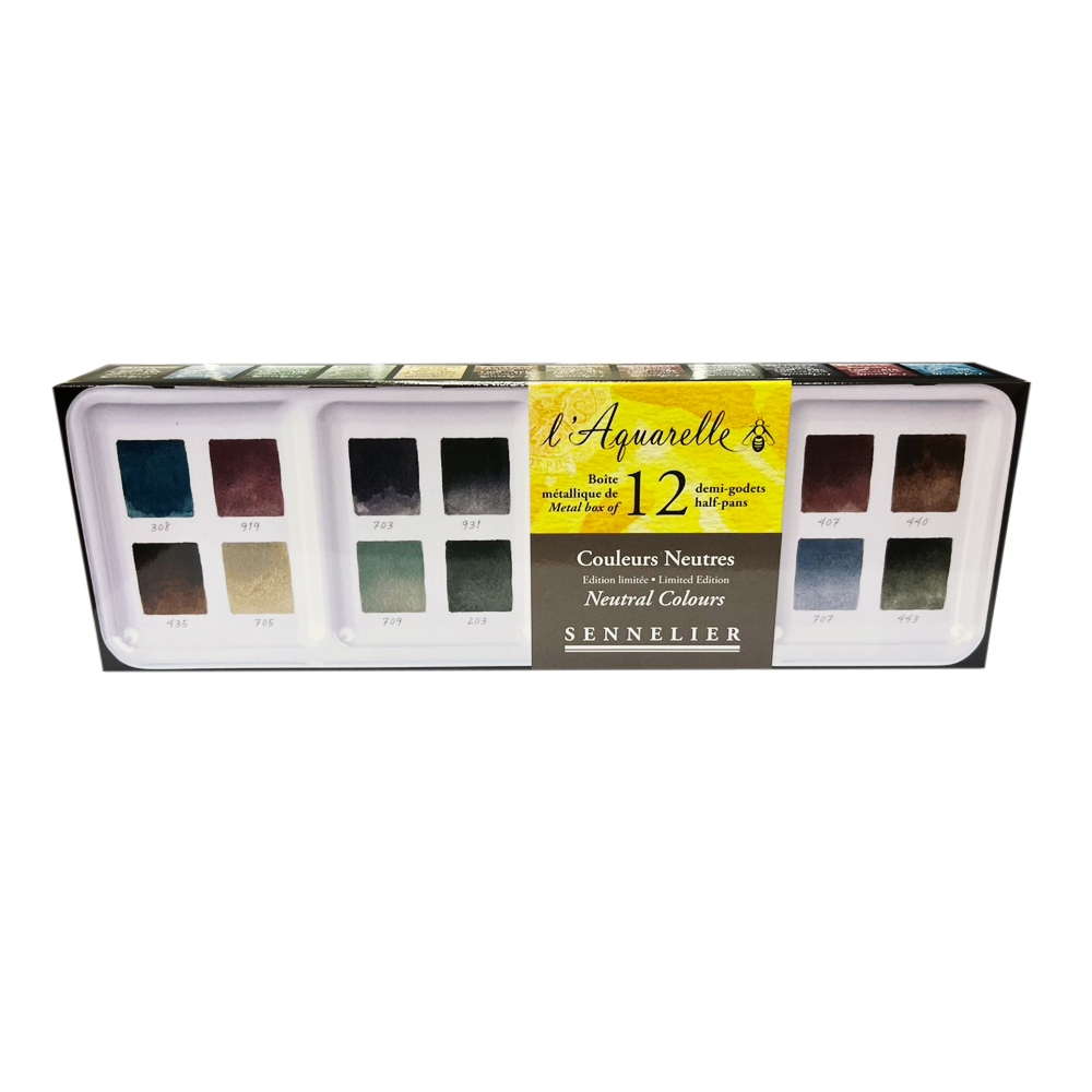 SENNELIER Neutral Colours Set ชุดสีน้ำก้อน12สี+ช่องสำหรับเติมสี12ช่อง กล่องโลหะ สกรีนชาร์ตสี