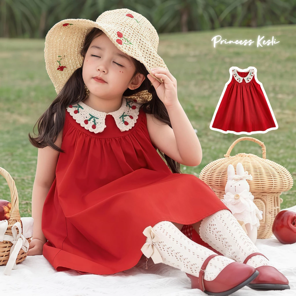 PRINCESS KESLI ชุดเด็กผู้หญิง ฟชันฤดูร้อน คอปกเชอร์รี่ กระโปรงทรูงเอเจ้าหญิงน่ารักและหวาน 1-11 ปี