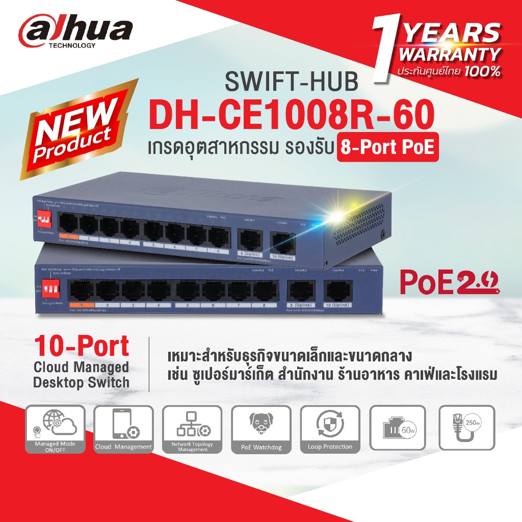 (สินค้าใหม่)  Switch Hub รุ่น DH-CE1008R-60 สวิตช์-ฮับ 10-Port Cloud Managed Desktop Switch with 8-Port PoE