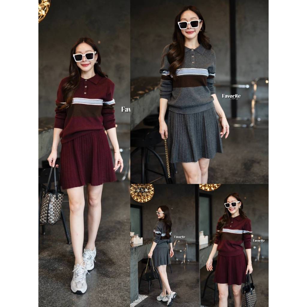 •FAVORITE• FVR 4008 Set เสื้อไหมพรมคอปกแขนยาว งานกระดุมหน้า ทอลายแต่งสีช่วงอก