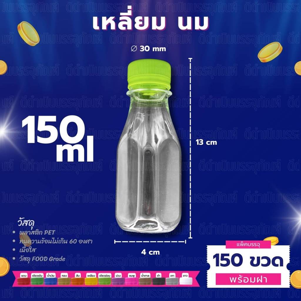 ขวด PET ทรงเหลี่ยมนม กลมตัด 150ml พร้อมฝา ขวดน้ำ น้ำชง (แพค 150ขวด)