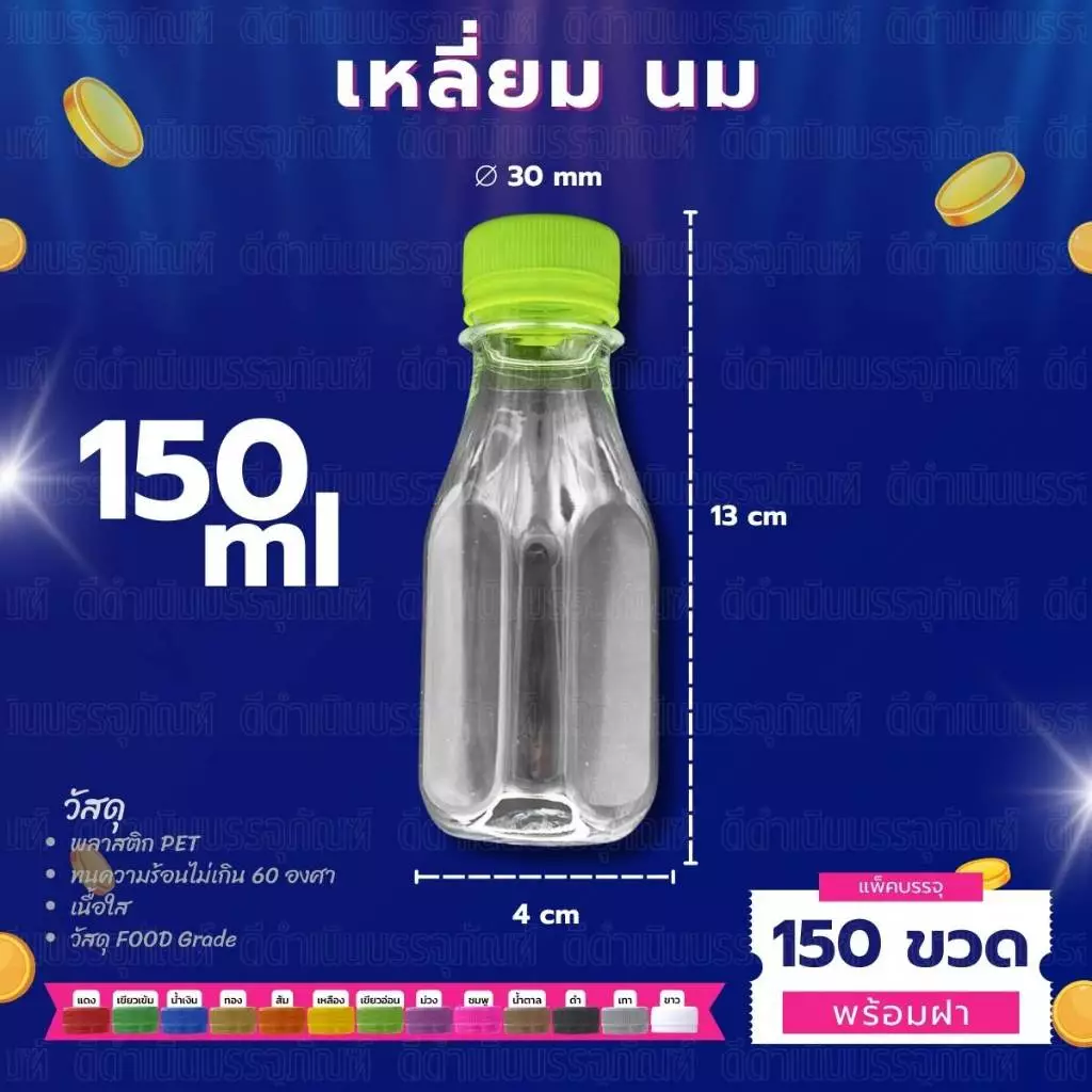 ขวด PET ทรงเหลี่ยมนม กลมตัด 150ml พร้อมฝา ขวดน้ำ น้ำชง (แพค 150ขวด)