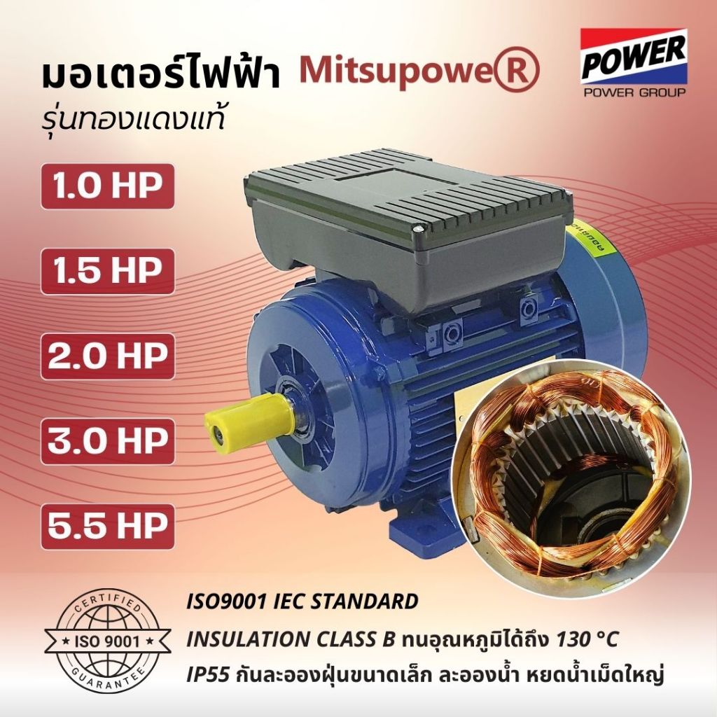 มอเตอร์ไฟฟ้า MITSUPOWER ทองแดงแท้ 1.0 - 5.5 แรงม้า 220V รอบช้า 1450 RPM ไฟกระแสสลับ 1 เฟส 2 สาย