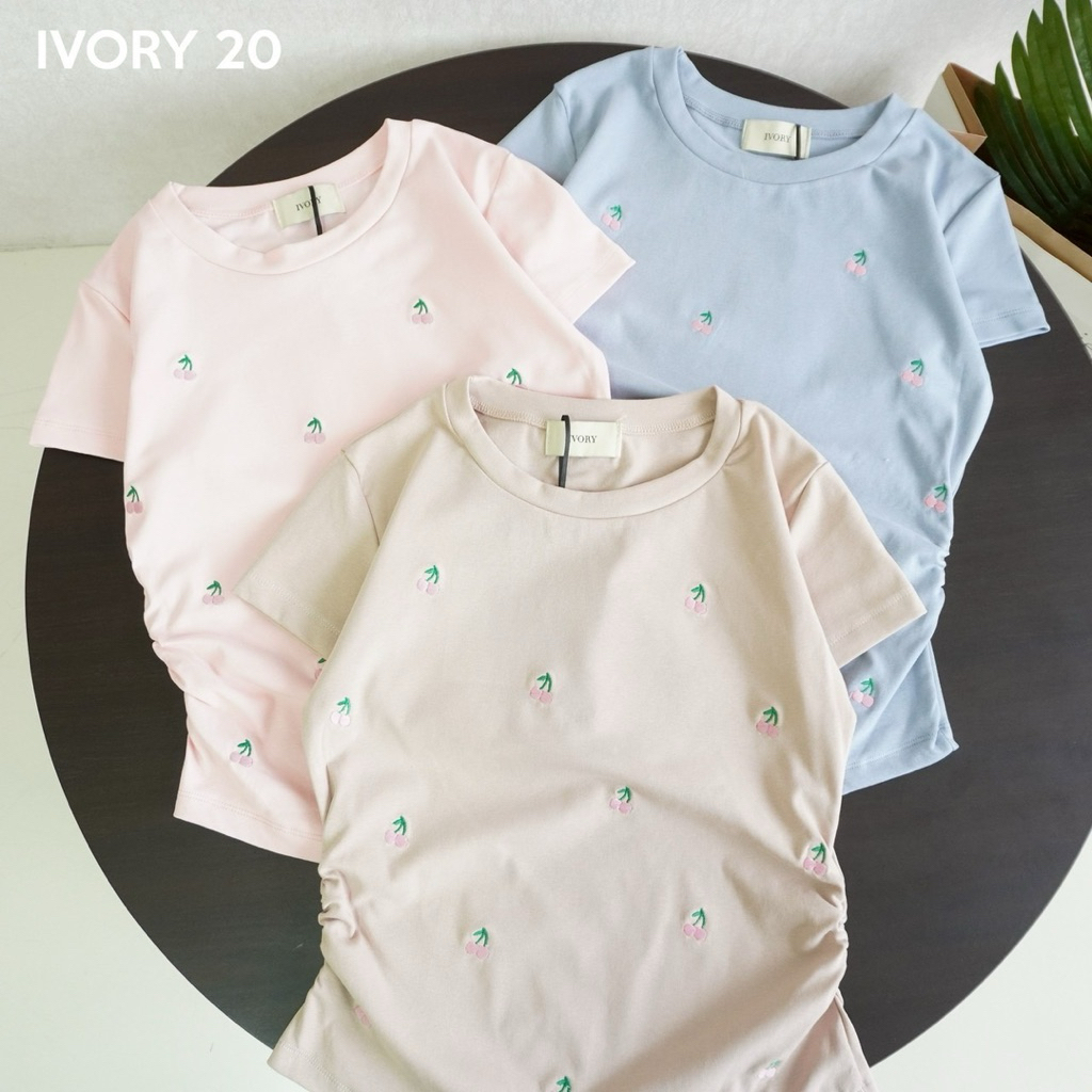 VV893  IVORY เสื้อยืดผ้ายูนิโคล่ เนื้อนุ่มใส่สบาย หยุมข้าง ลายปักเชอร์รี่ทั้งตัว