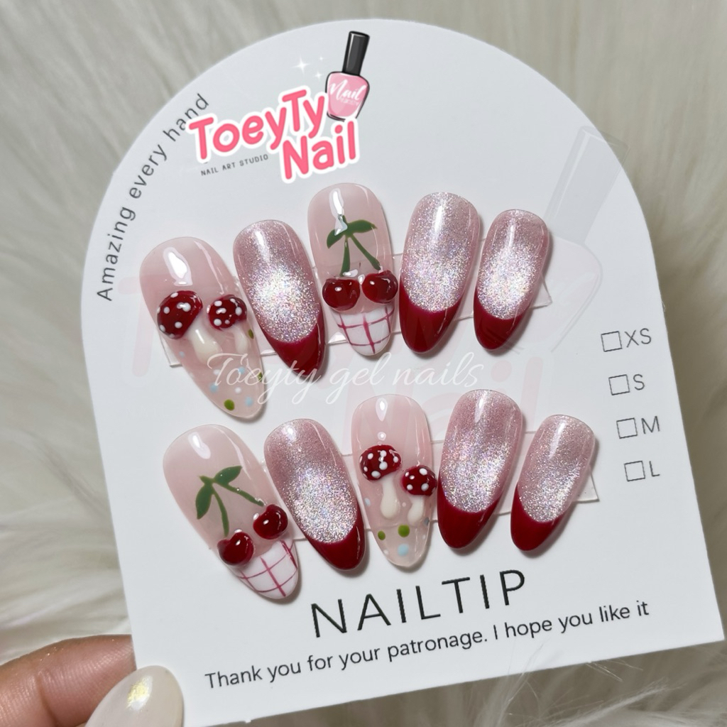 เล็บเจลแท้ ลายเห็ดเชอรี่ปั้นนูน ลูกแก้วปลายแดง🍄🍒 พร้อมส่ง🛒