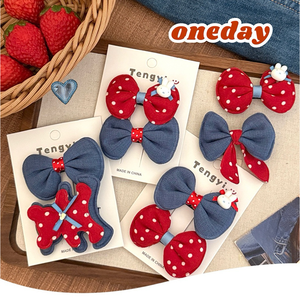 Cute 400 กิ๊บติดผม กิ๊บหนีบผมโบว์ยีนส์ลายจุดสีแดงสไตล์เกาหลี 2 ชิ้น/แพ็ค