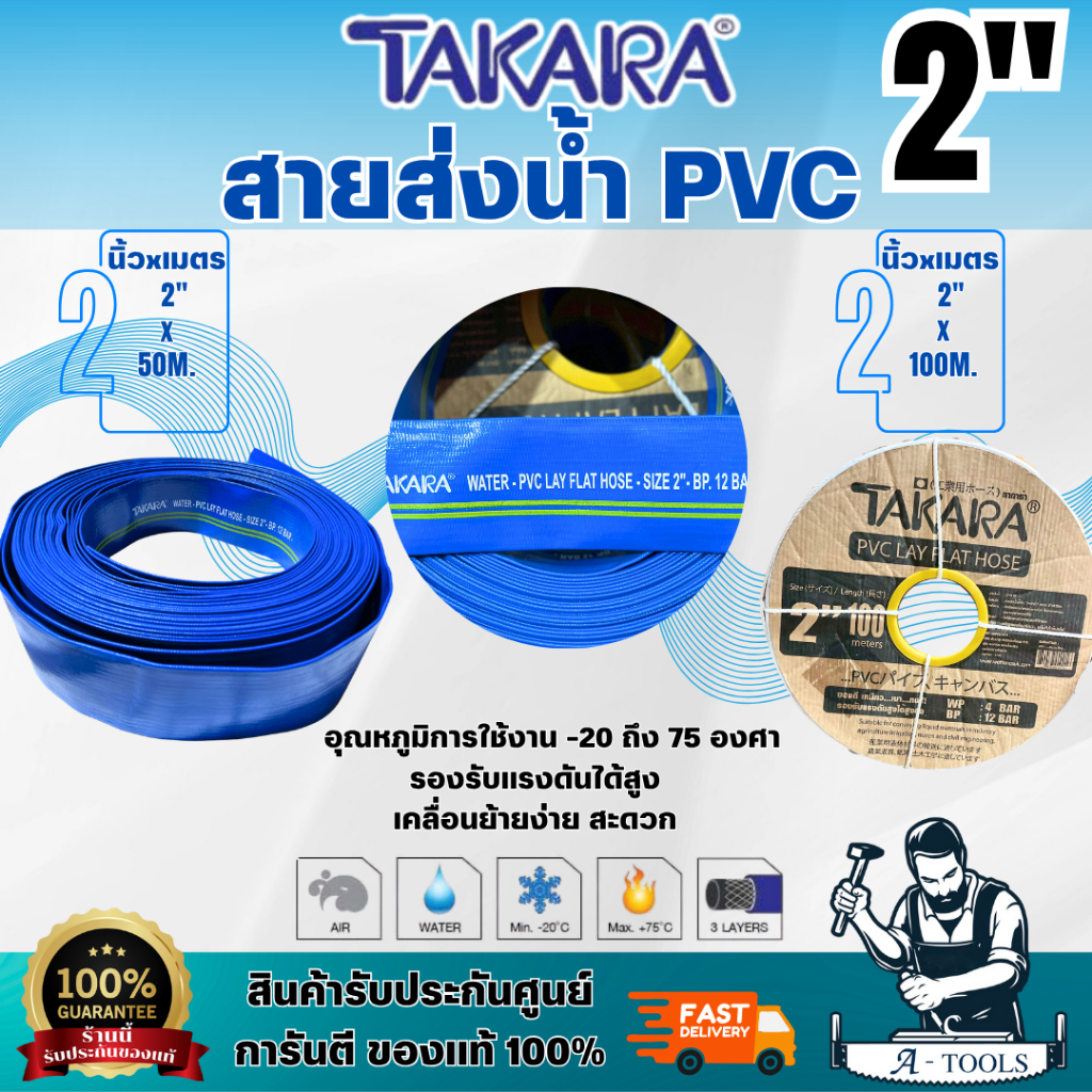 TAKARA สายส่งน้ำ PVC 2" ยาว 50 เมตร / 100 เมตร สีน้ำเงิน อุณหภูมิ -20ถึง75องศา รองรับแรงดันได้สูง **ส่งเร็ว ของแท้100%**