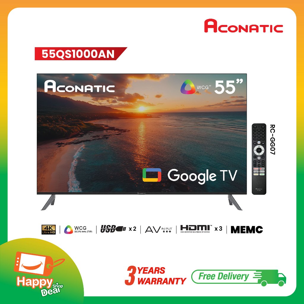 Aconatic ทีวี 55 นิ้ว QLED 4K Google TV รุ่น 55QS1000AN ระบบปฏิบัติการ Google TV (รับประกัน 3 ปี)