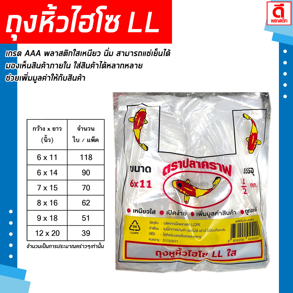 ถุงหูหิ้วไฮโซ LL ถุงหิ้วใส (ตราปลาคราฟ) พลาสติกใส นิ่ม เหนียว แช่เย็นได้ (500 กรัม/แพ็ค) : 1 แพ็ค