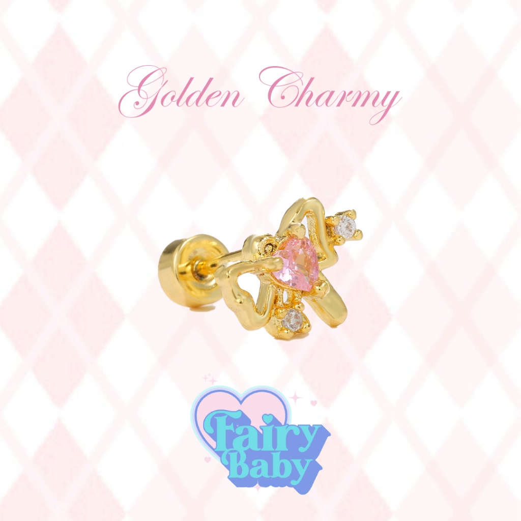 Fairybaby จิว Golden Charmy (1ชิ้น) จิวหู จิวต่างหู สีทอง รูปโบว์ หัวใจ สวยงาม 1 ชิ้น