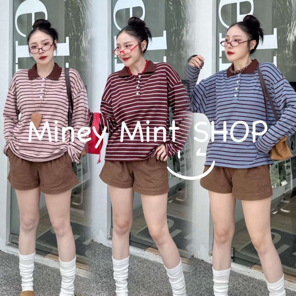 miniminey🌈 โปโลแขนยาวทรงโอเวอร์ไซส์ ผ้าเนื้อหนาลายริ้วคอปก ผ้ายืดนิ่มยืดได้เยอะ