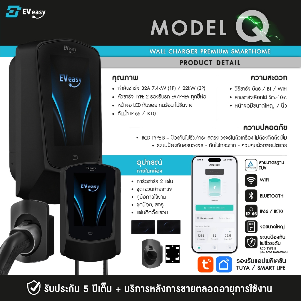 ส่งจากไทย ประกัน 5 ปี  New Q Model EV easy 7.4KW / 22kW 2025 premium Smart home จอ 7 นิ้ว มาพร้อม RC