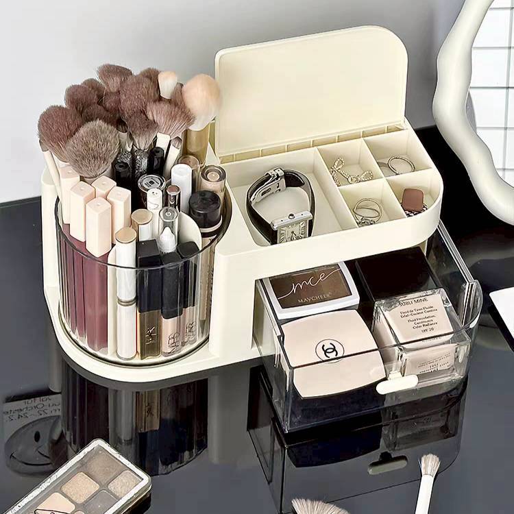 กล่องเก็บของอเนกประสงค์ แบบหมุนได้ 360 องศา + ลิ้นชัก แบบตั้งโต๊ะ ใส่เครื่องสำอาง แปรงแต่งหน้า เครื่องเขียน ของใช้จุกจิก
