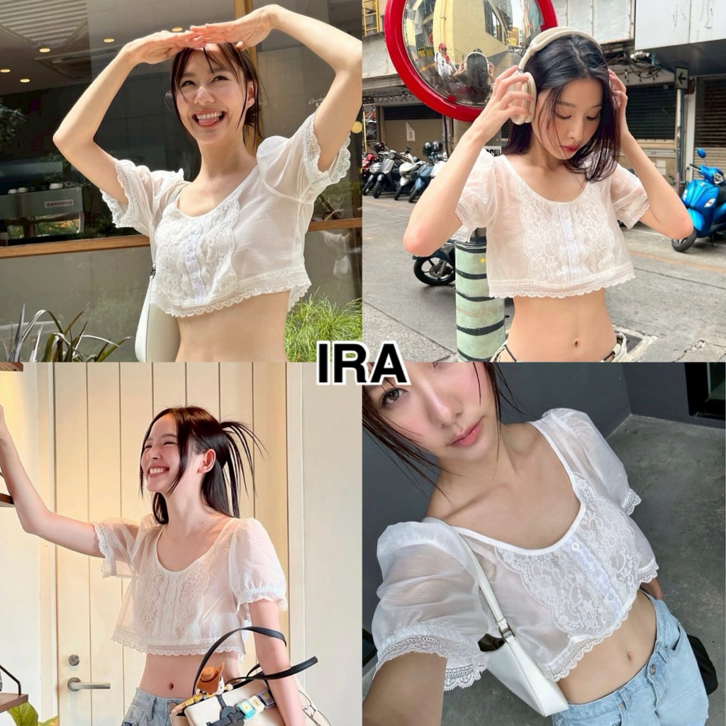 BY IRA (2025-61)เสื้อครอปคอกลม แขนสั้น and กระดุมเงิน แต่งชายลูกไม้ ผ้าซีทรู ผ้าเบาบาง