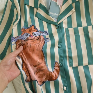 Muslin Pajamas Silk Satin รุ่น Fishy Feline (N5169 T5169) | ชุดนอนแม่ลูก