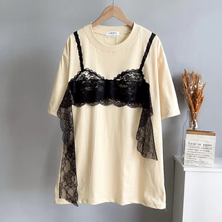เสื้อยืดแฟชั่นผ้าCotton สกรีนบราตกแต่งลูกไม้