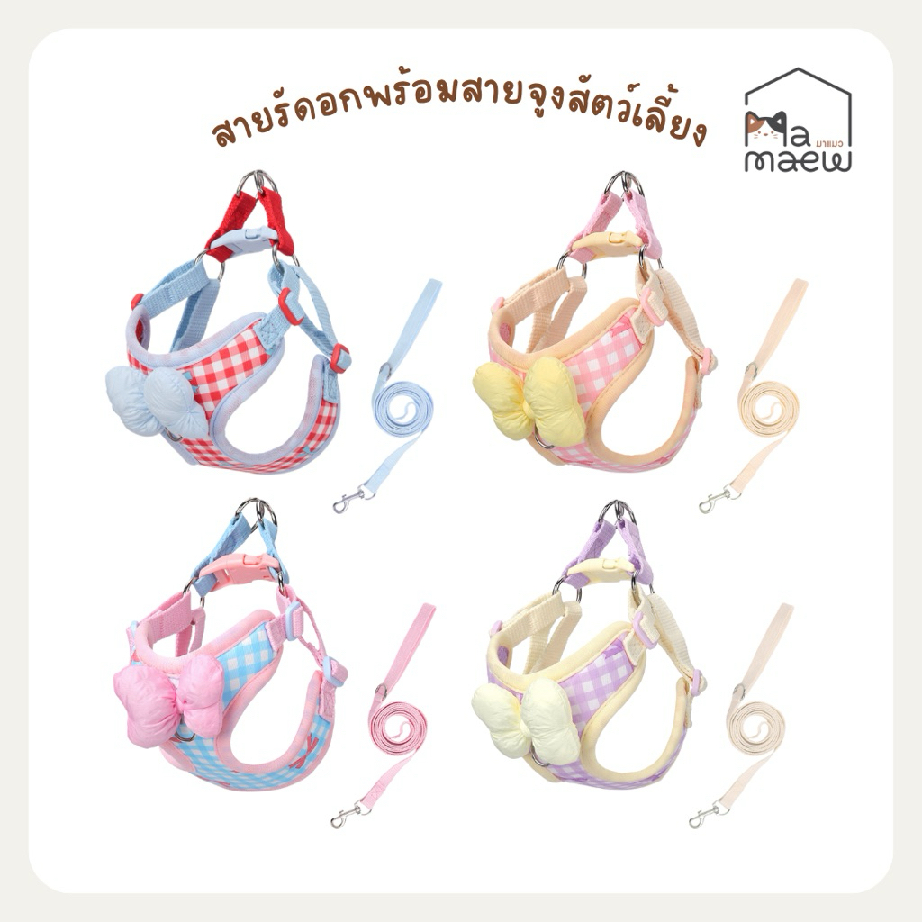 สายรัดอก สายจูงสัตว์เลี้ยงดีไซน์โบว์พาสเทล สบาย ปลอดภัยทุกก้าวเดิน