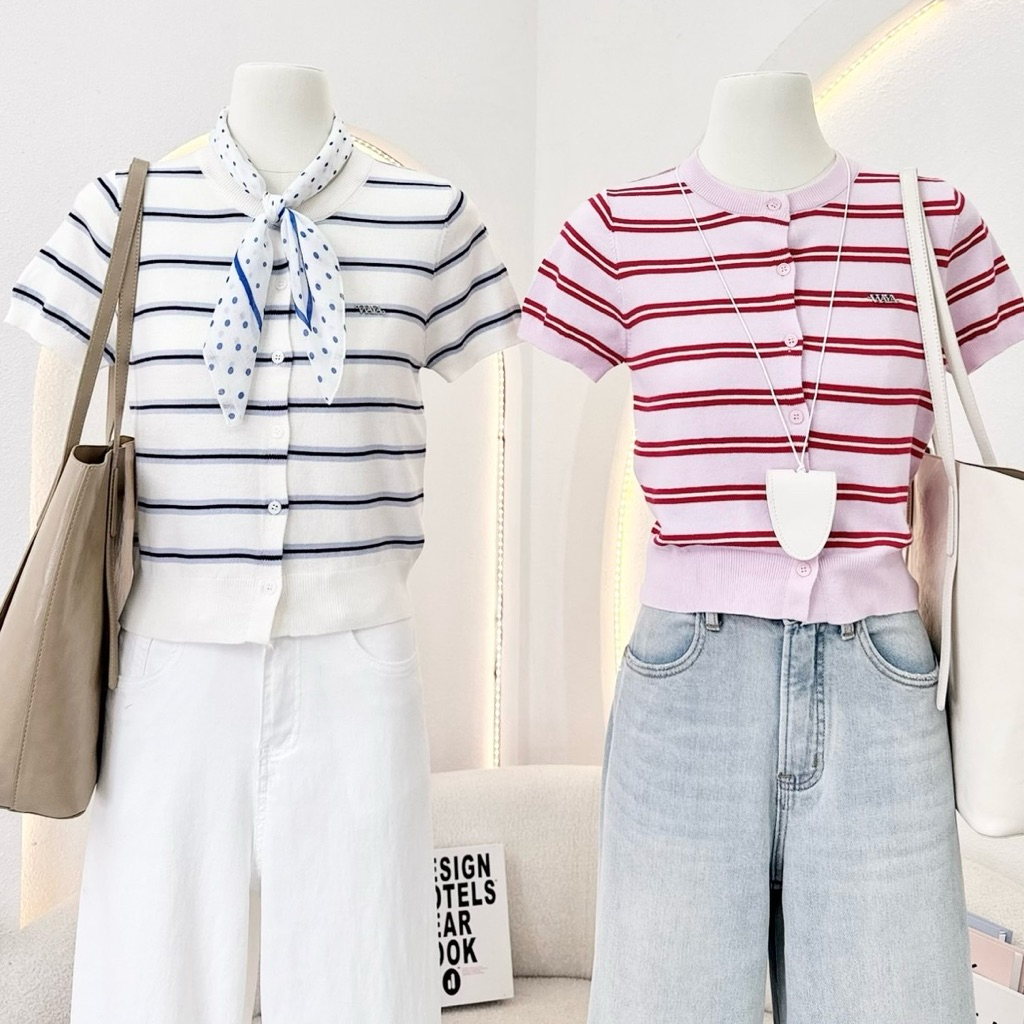 WA YA เสื้อคอกลมไหมพรม ผ้าลายริ้ว กระดุมหน้า