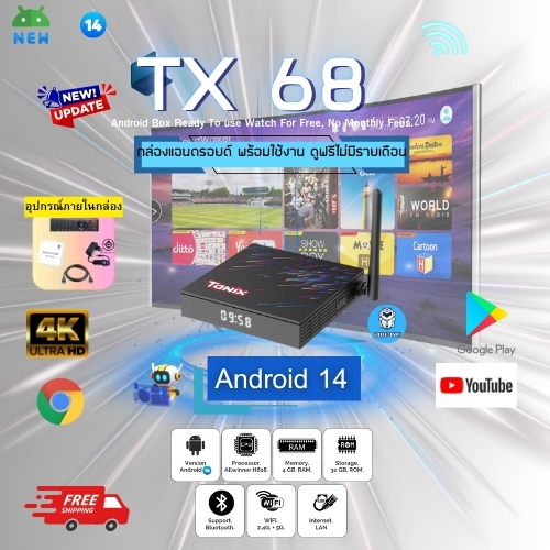 ราคาพิเศษ Android 14  รุ่น Tx68  Ram 4GB. Rom 32GB  Bluetooth  Wifi 2.4/5.8G   Allwinner H618