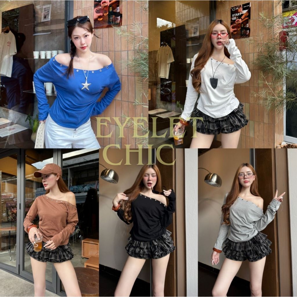 Eyelet Chic *แขนยาว* เสื้อแขนยาวผ้าเกาหลี เสื้อปาดไหล่แขนยาว กันหนาว ภูเขา แต่งห่วงช่วงคอเสื้อ สาวอวบ Sheeny (S038)