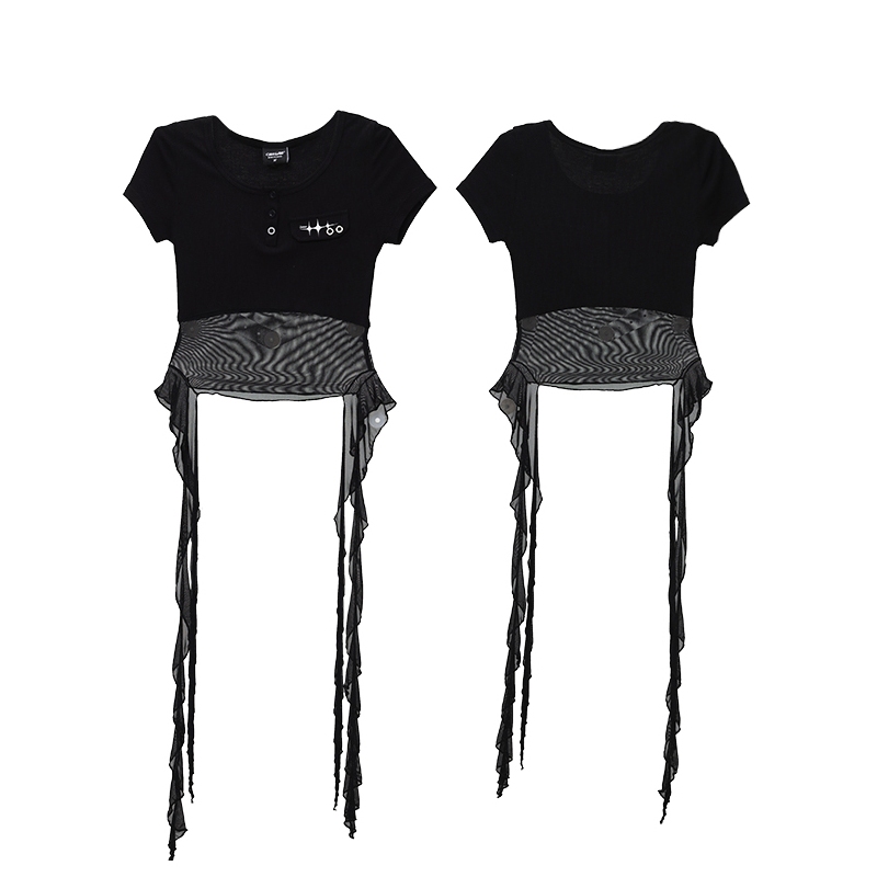 [Street style casual short-sleeved T-shirt]เสื้อยืดแขนสั้นสีดำแฟชั่นสตรีทสไตล์เกาหลีสำหรับผู้หญิง ติดริบบิ้นกระดุม ราคา ถูกที่สุด ดีลบีเคเค แกลเลอรีภาพที่ 2