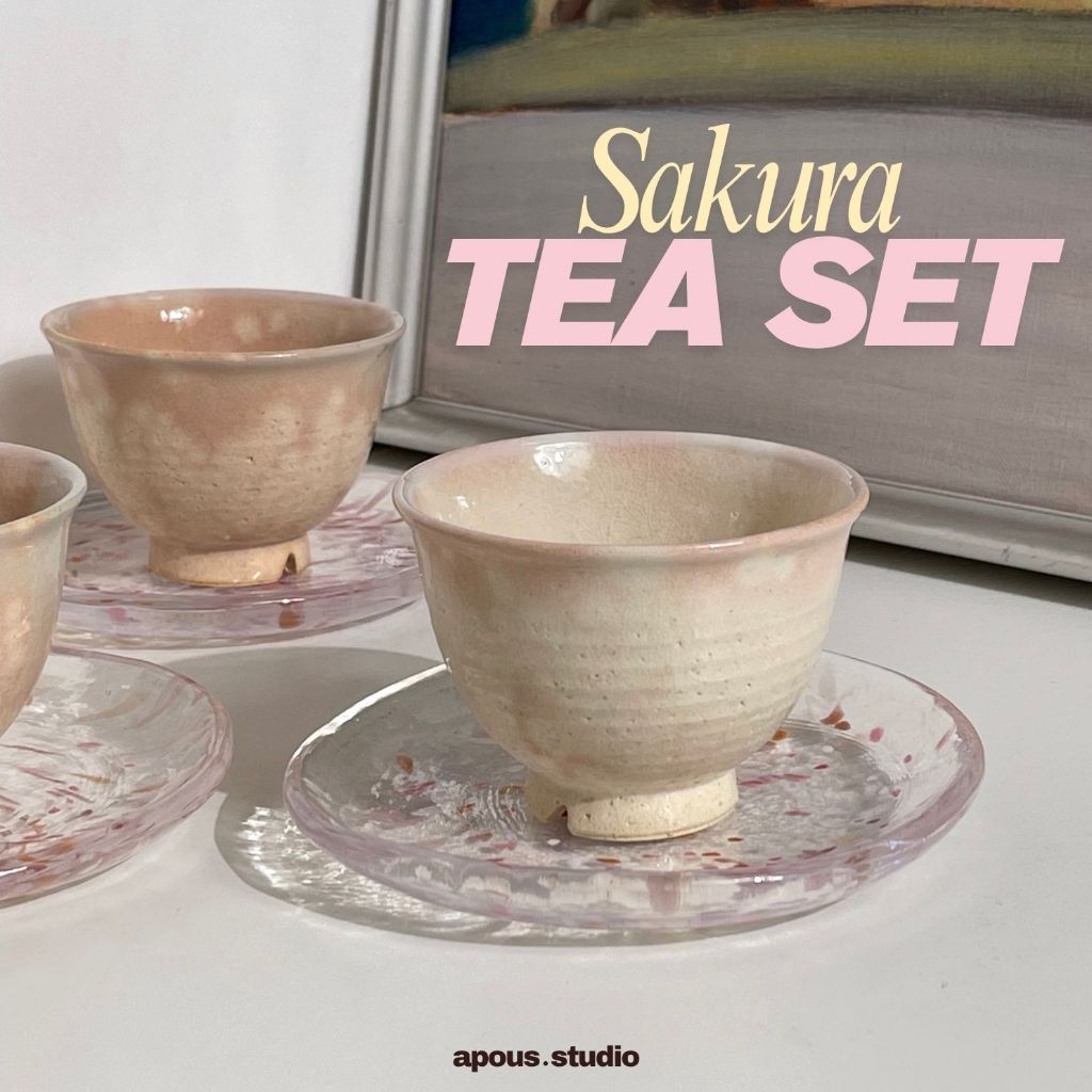 apous.studio | Sakura Tea Set จานแก้วแบ่งขนม และแก้วชาดินเผาสีชมพู