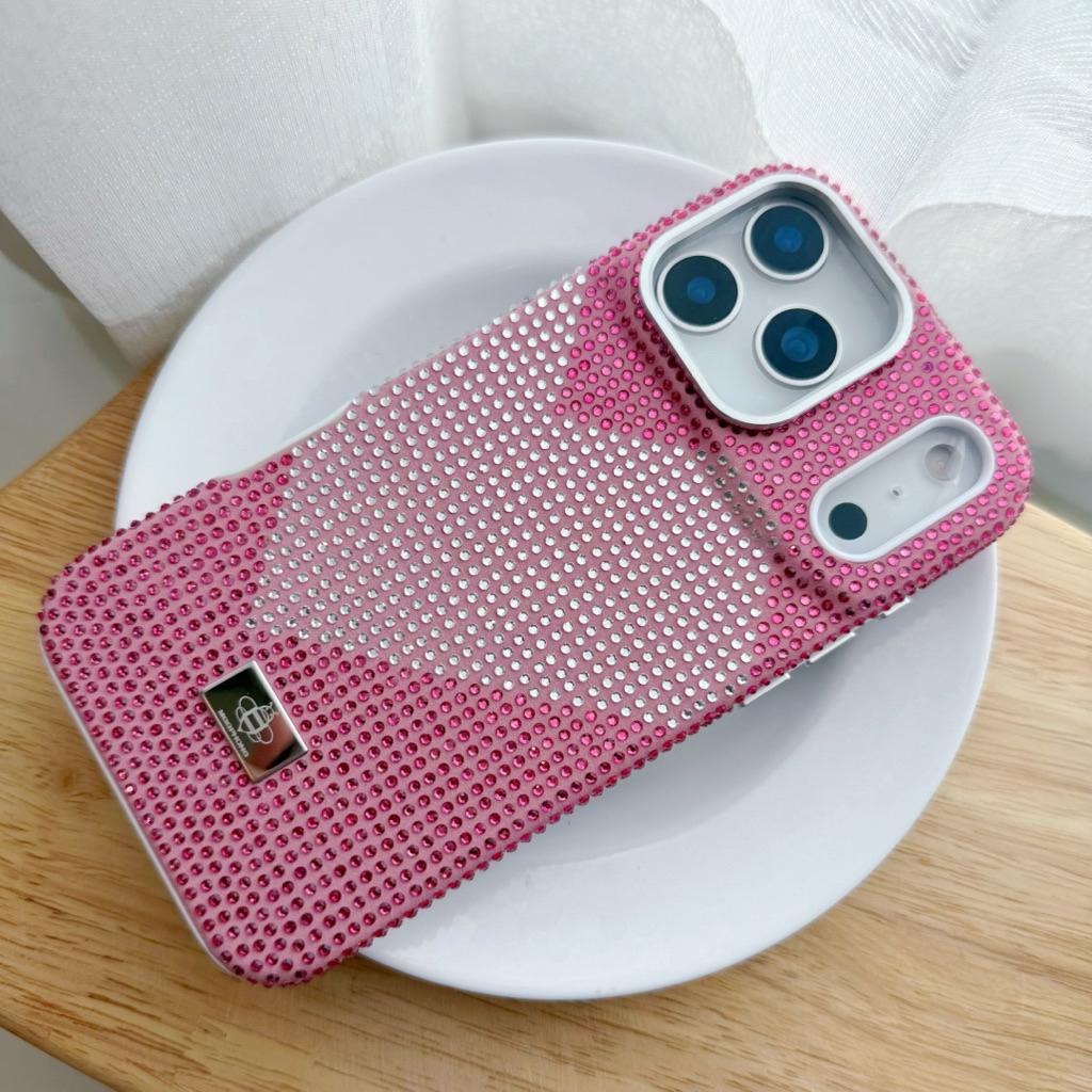 17/17pro/17promax/16/16pro/16promax เคสเพชรคริสตัล สีชมพู หัวใจเงิน งานคลุมรอบ